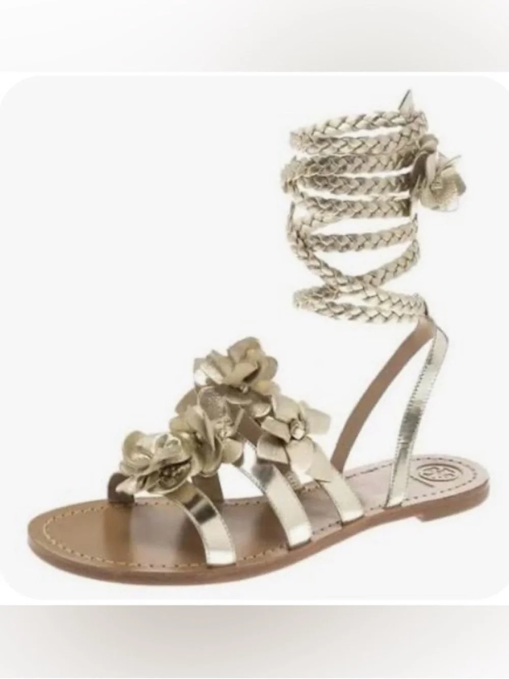 Tory Burch Metallic Gold Floral Gladiator Sandals